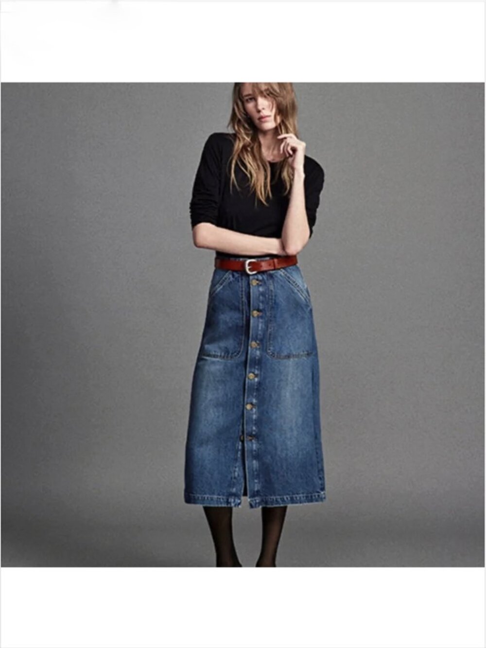 FRAME Womens Modern Pocket Midi Denim Skirt 28 October 28 Button Front Pockets